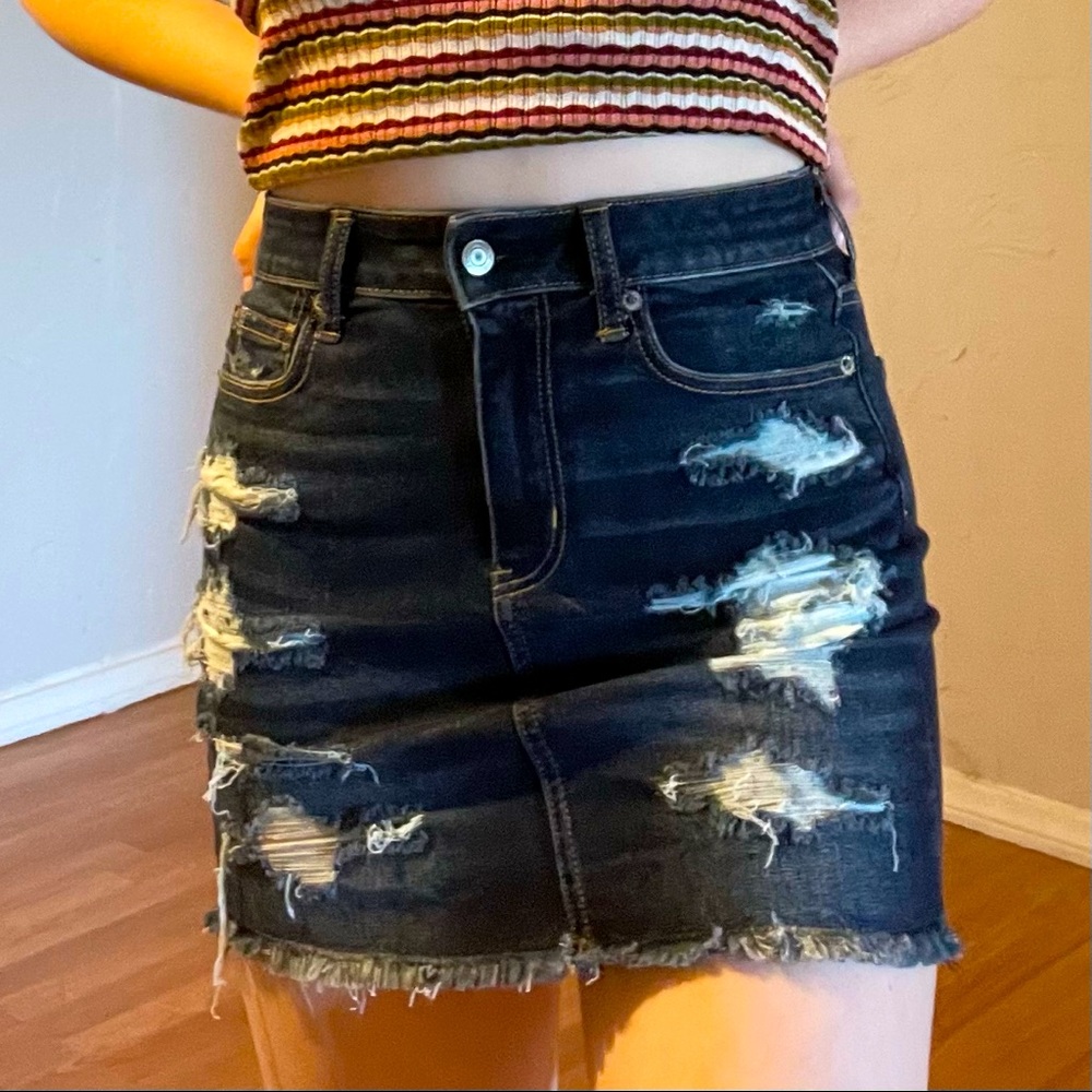 American Eagle Outfitters Black Distressed Denim Mini Skirt